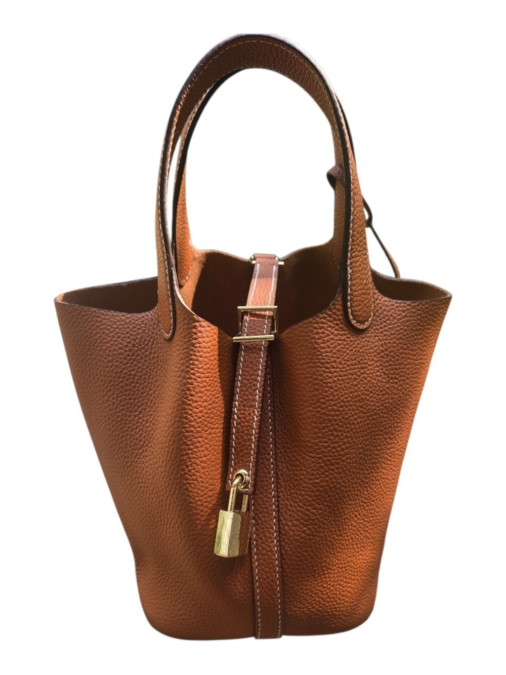 Cognac Brown Pebbled Bucket Bag Gold Hardware Tote